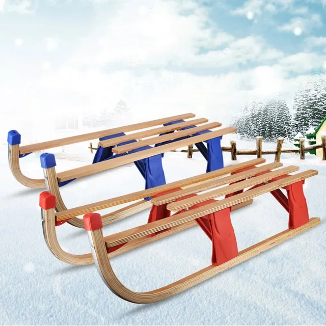 

110cm Strap-Foldable Wooden Toboggan Snow Sled For Outdoor Winter For Sledding And Winter Fun