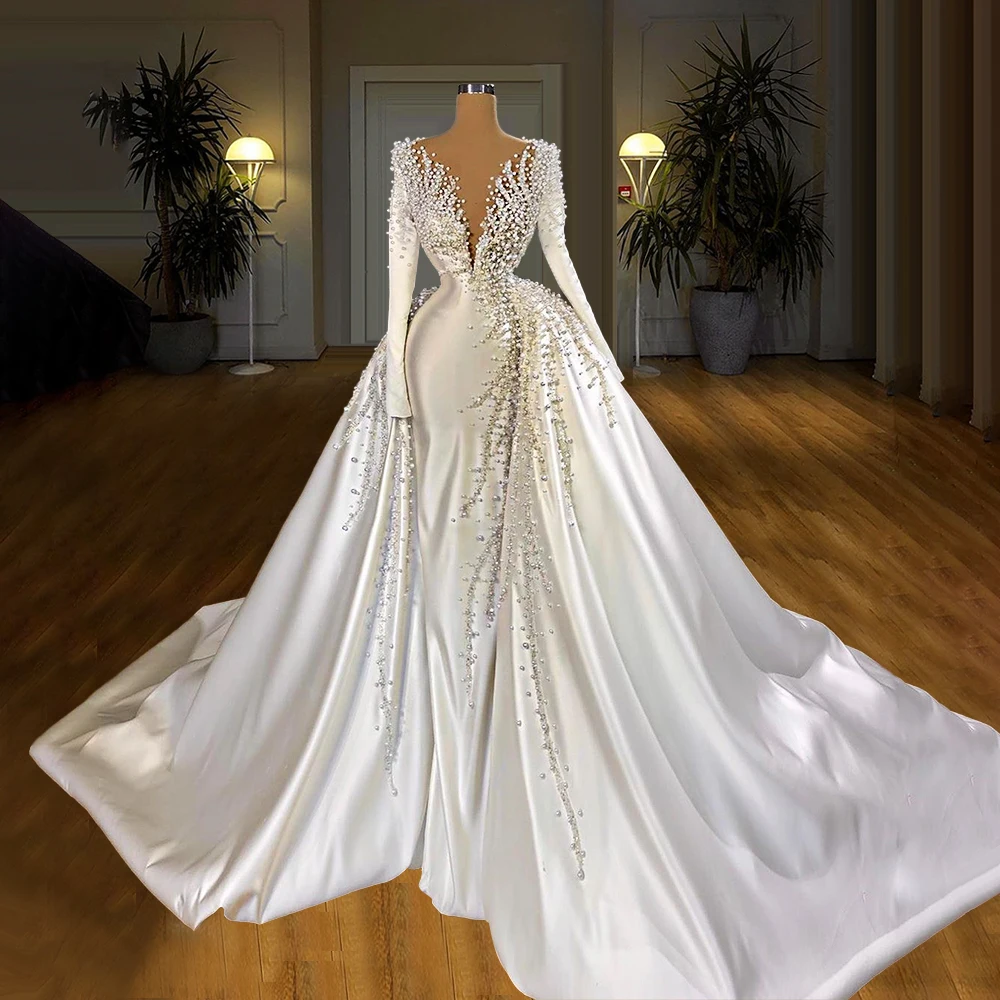 Robe de Mariée Élégante en Perles et Clip, Manches sulf, Style Dubaï, avec Traîne Amovible, en Satin, Magnifique, Perlée, Nouvelle Collection