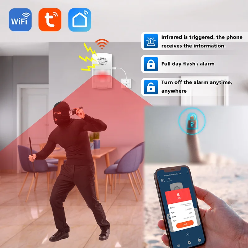 

WiFi Function APP Warn Home Burglar Alarm Tuya Smart Life Infrared Motion Detector Indoor Safety Arming Sensor PIR Early Warning