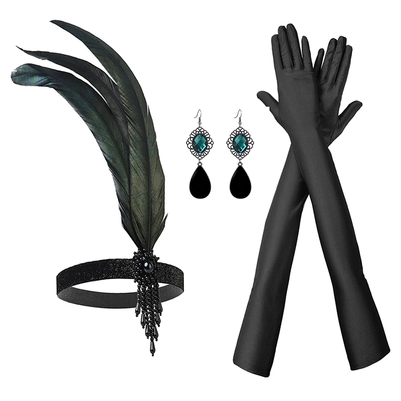 1set 1920er Jahre Flapper Cosplay Kostüm Feder Stirnband Perlenkette lange Handschuh Gatsby Maskerade Zubehör – Detail 9
