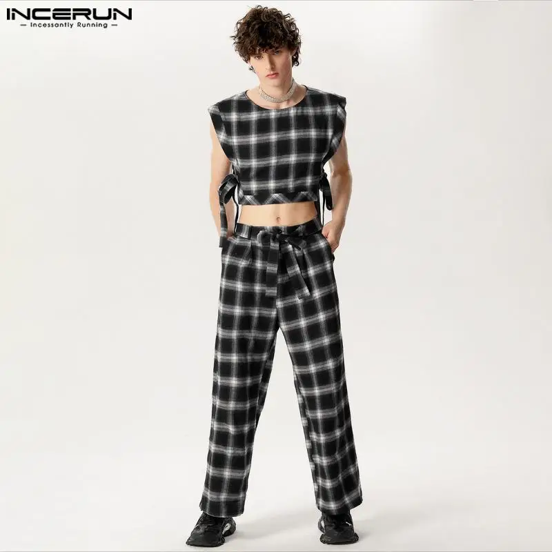 INCERUN 2024 American Style Men's Fashion Sets Sleeveless Vests Long Pants Casual Cropped Plaid Lace Design Two-piece Sets S-5XL