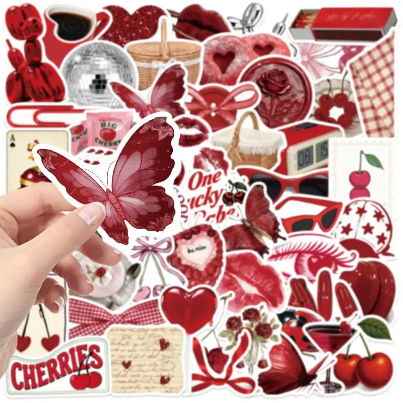50PCS Y2K Aesthetic Cherry Stickers Laptop Guitar Suitcase Journal Phone Case Diary Notebook Doodle Decals Decor Gift