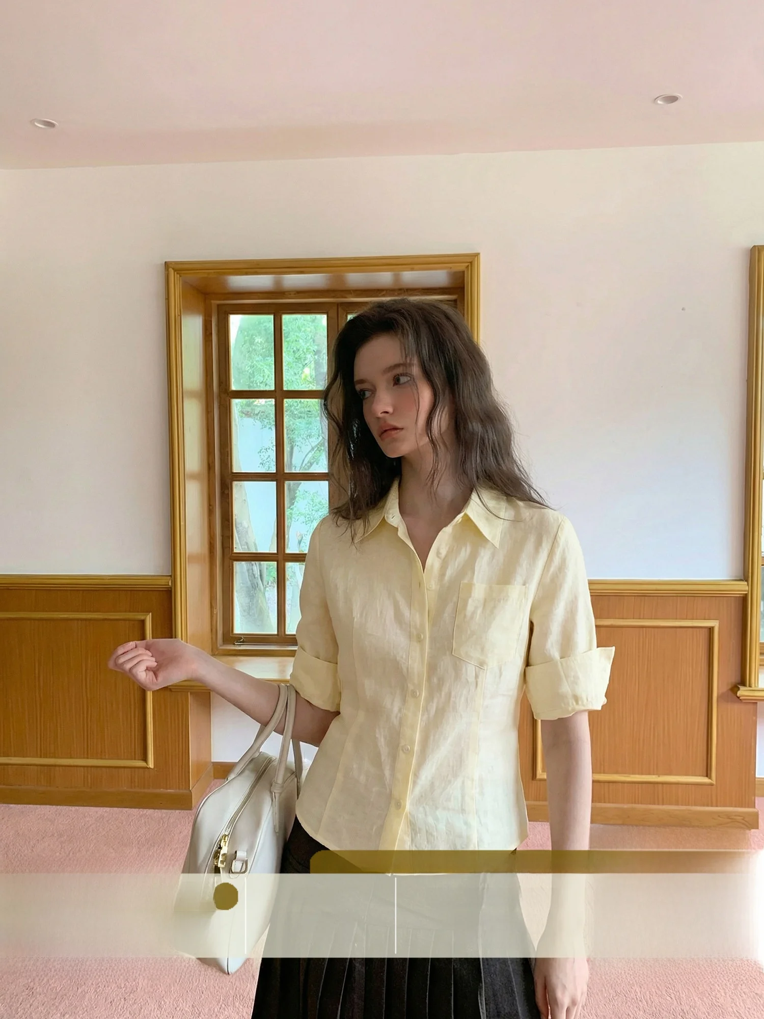 

Crsu Korean Sle Women's irt Svel Slim Fit Turn-down Collar Waist-cinched Commute ort Top Spring Summer