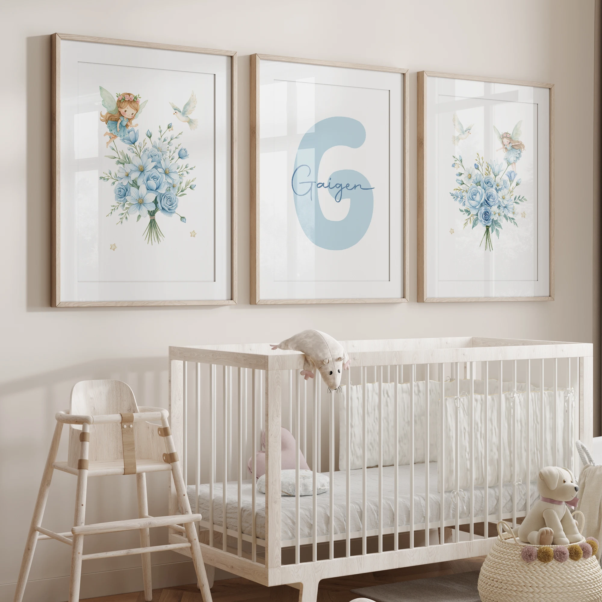 3 uds nombre personalizado lindo elfo azul pájaro flor pared arte impresión imagen sala de estar niños habitación decoración del hogar