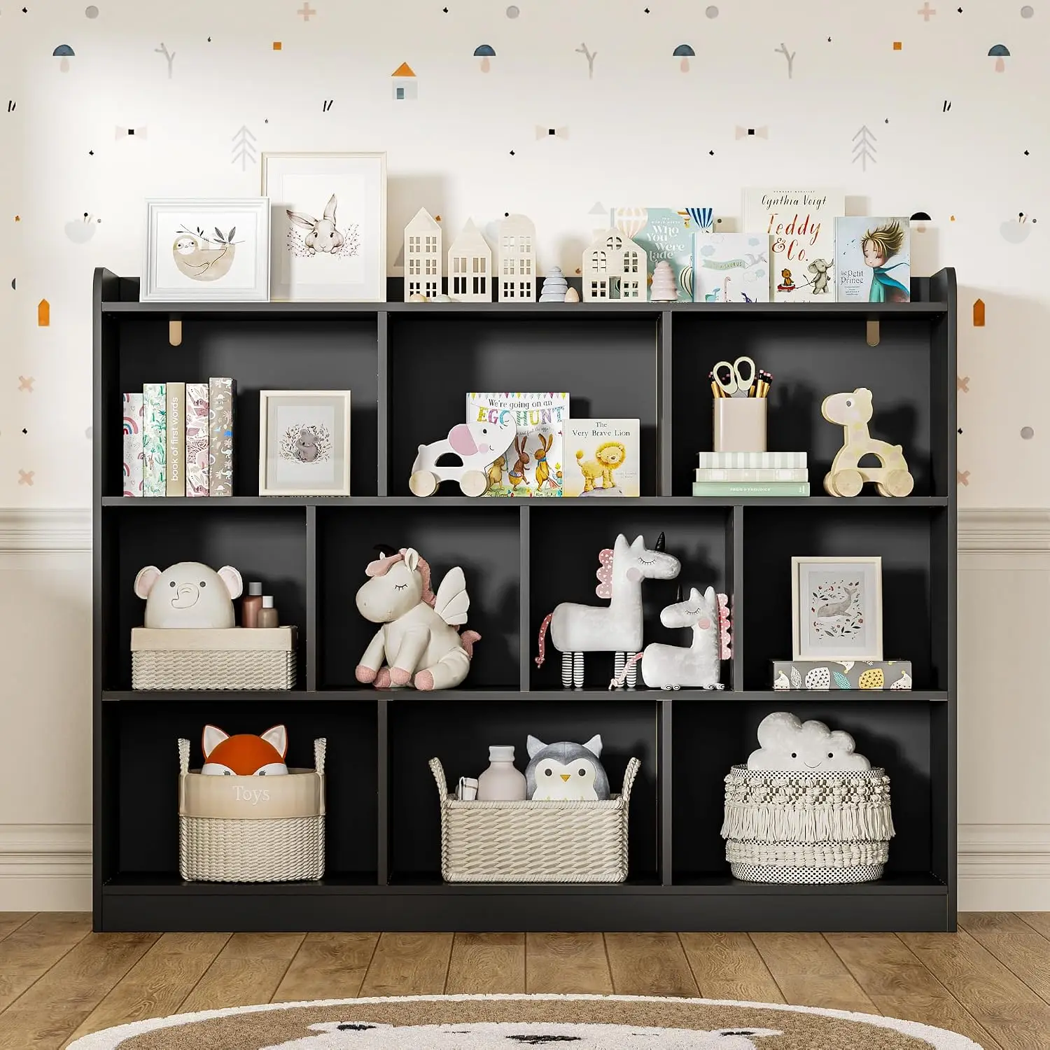 Black Wood Bookshelf 3 Tier Open Shelf 10 Cube Storage Organizer Living Room Bedroom 55.1