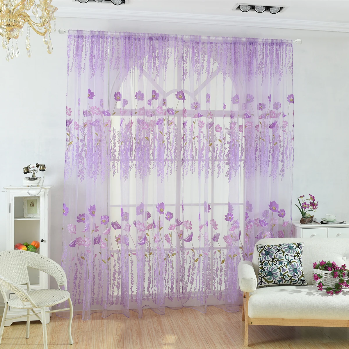 

200x100cm Glass Sheer Curtains Purple Floral Window Voile Drapes for Rooms Soft Daylight Filter Decoration