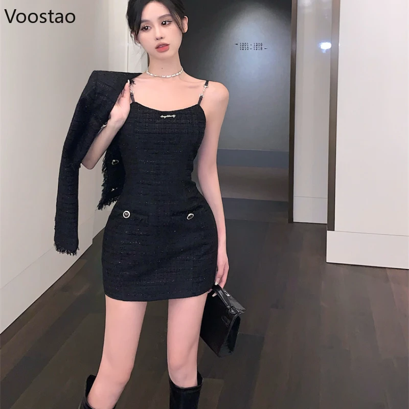 Autumn Elegant 2 Piece Set Women Korean Style Fashion Black Short Jackets Strap Mini Dress Suit Spring Female Casual Y2k Outfits