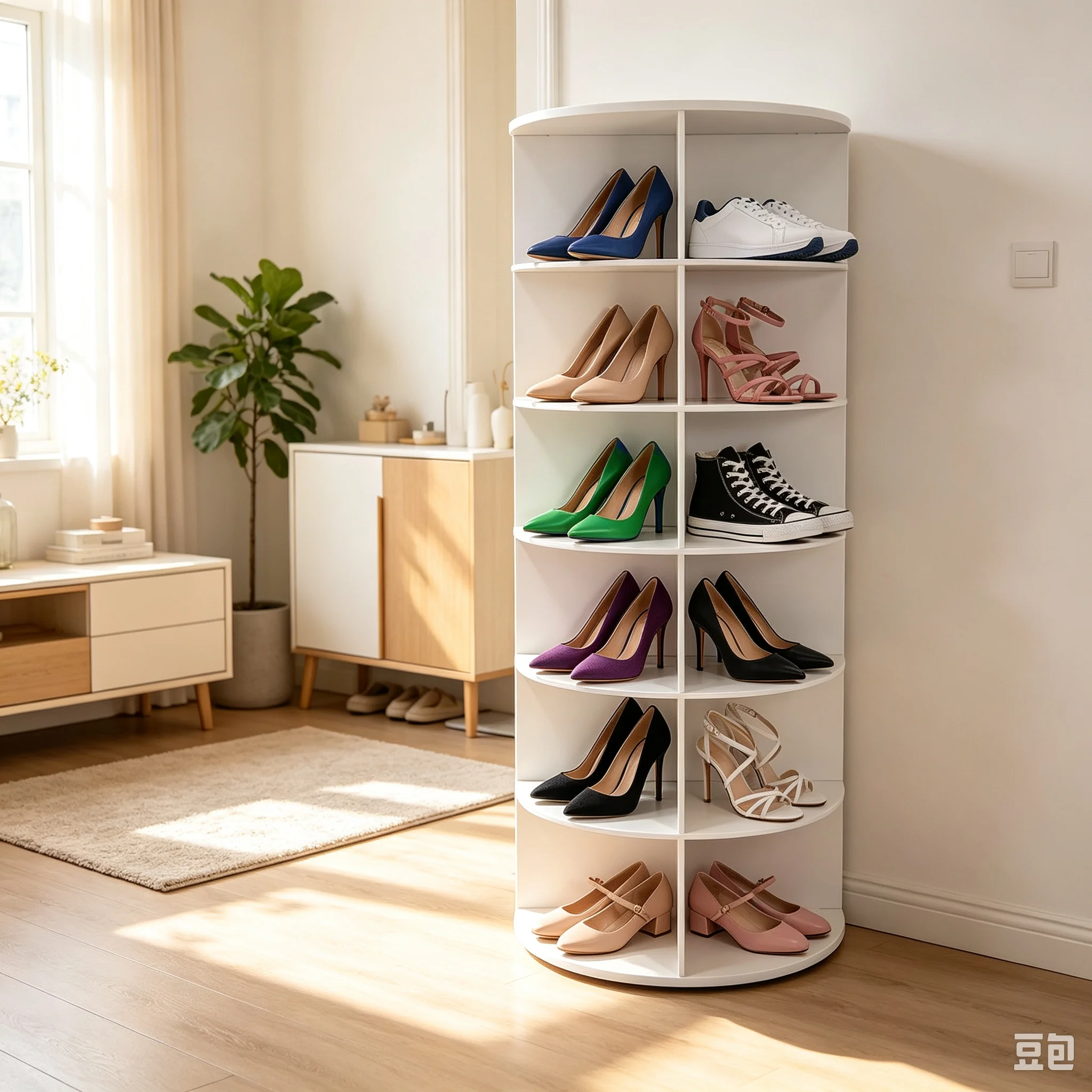 6 Tiers Rotating Shoe Shelf ,  Bag Display Stand, 24 Pairs Shoes Shelves,Wood Organizer, White 60*60*142.75cm 360° Rotated for Shoes, Bags, Hats Hanger