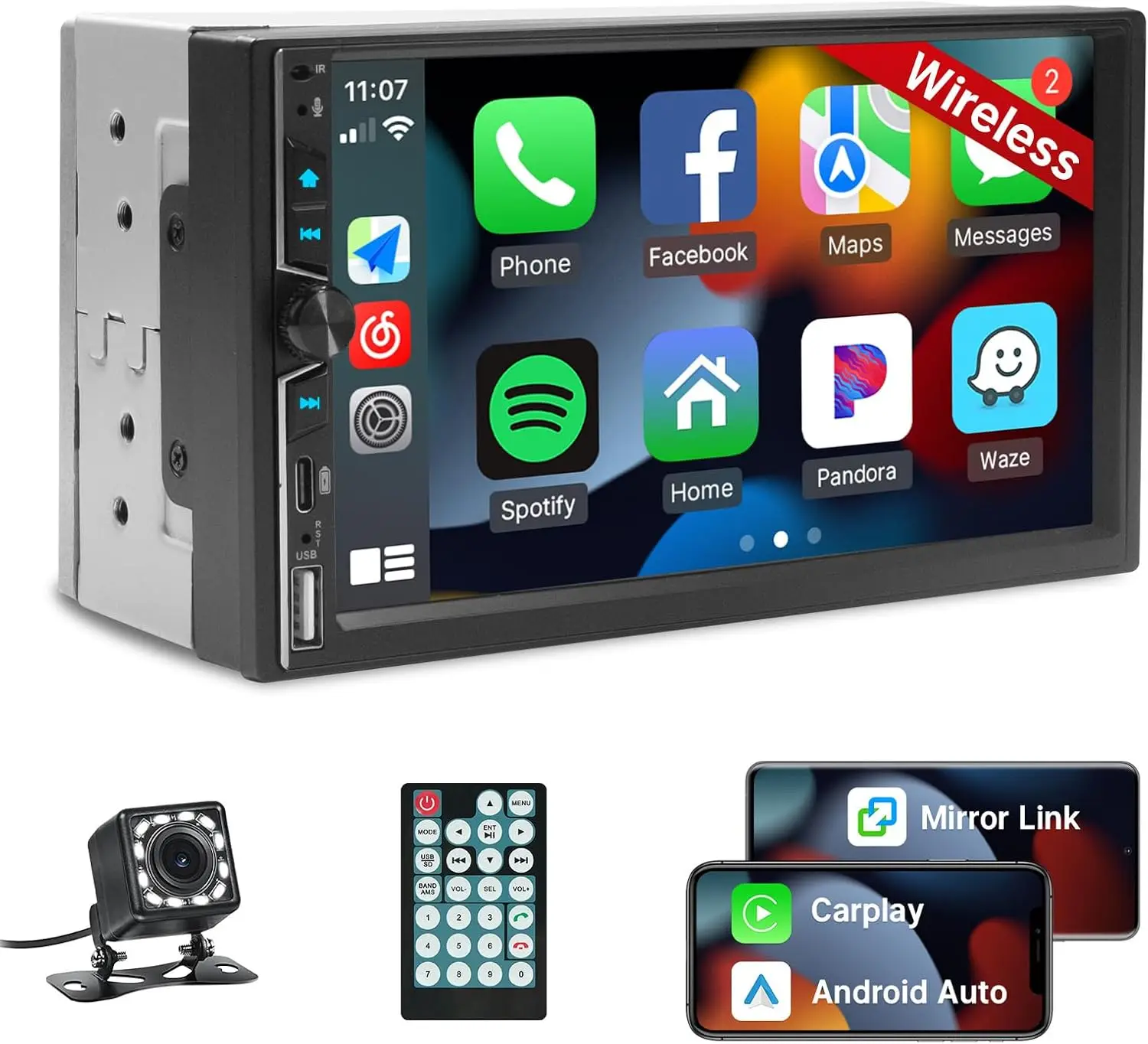 

Беспроводная автомобильная стереосистема Double Din с Apple Carplay, 7-дюймовый сенсорный экран, двойной Din-радио, автомобильные аудиоприемники с Android Auto,