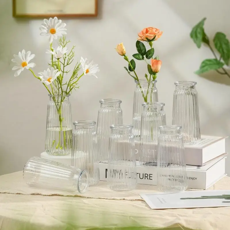 Ribbed Clear Glass Flower Vases Sturdy Textured Surface For Wedding Home Decor Floral Arrangements