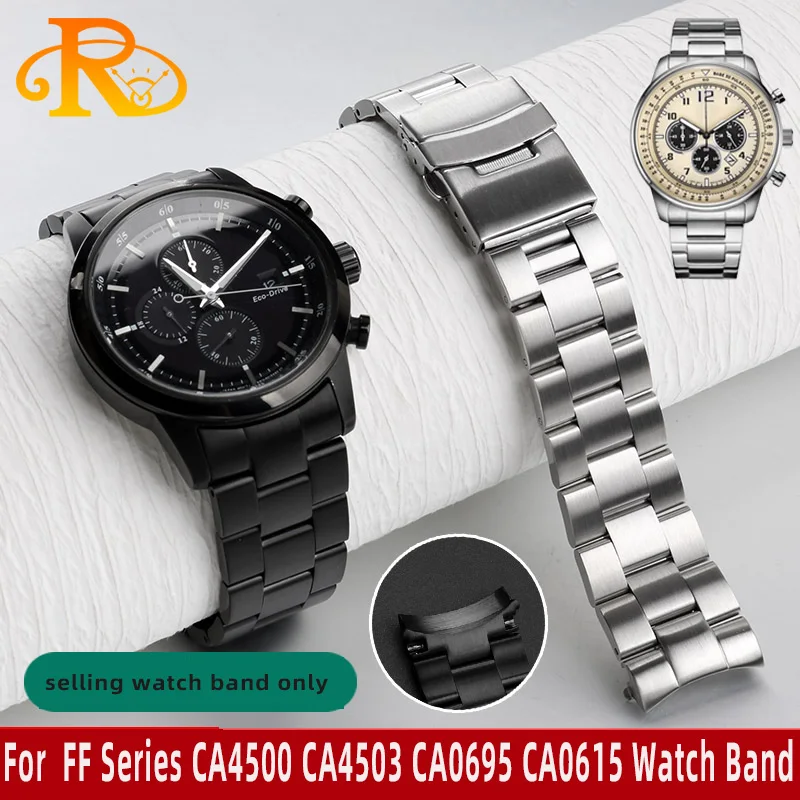 สายนาฬิกาเหล็กเที่ยงตรงแข็งแรงสำหรับ CITIZEN รุ่น FF CA4500/CA0695สายนาฬิกาข้อมืออัศวินดำ CA0615สายข้อมือโลหะโค้ง22มม.