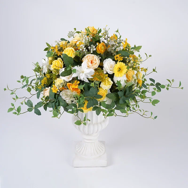 Fresh yellow and white rose Roman column simulation floral set, outdoor wedding hotel welcome floor flower