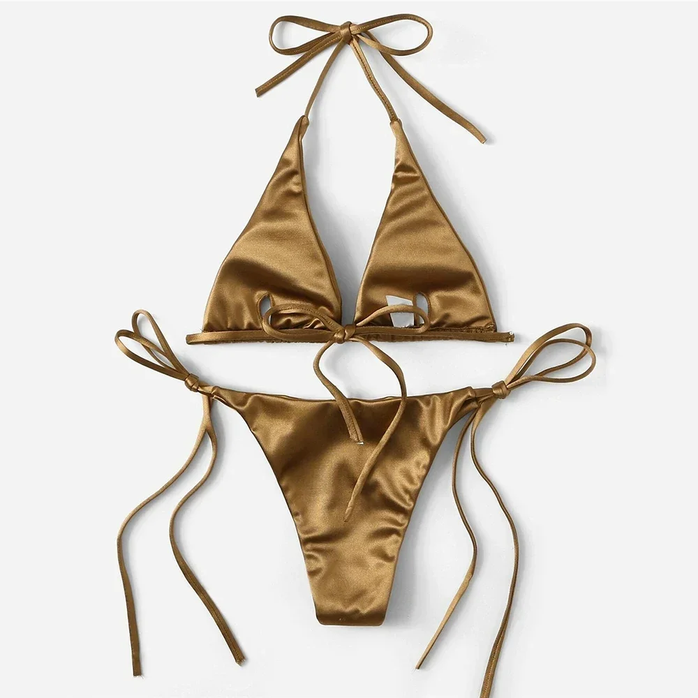 Maillot de bain en satin pour femmes, ensemble deux pièces, sexy, marron, string, col licou, micro, culotte tanga, à lacets, pour baigneurs