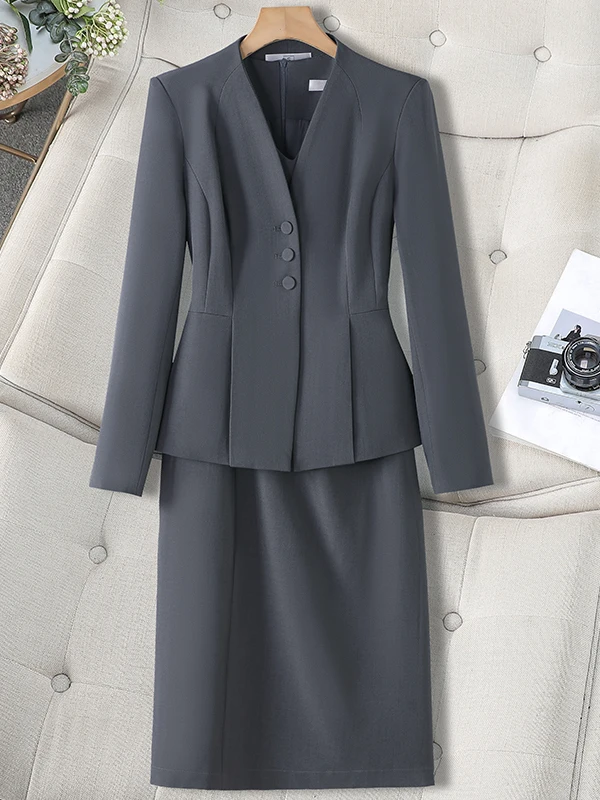 Women's Two-Piece Suit Set without Collar Commute Professional Grey  Jacket Dress Ensemble Autumn Fashion Workwear