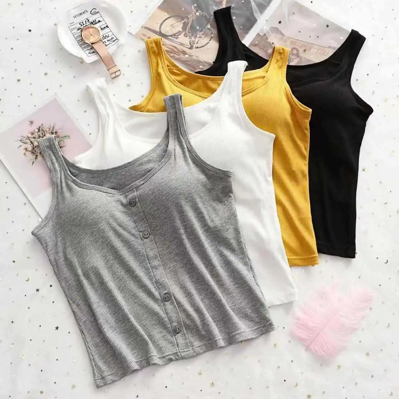Button Wide Shoulder Beautiful Shoulder Strap Chest Cushion Chest Wrapped Vest Fixed Cup Thin Slim Fit Top