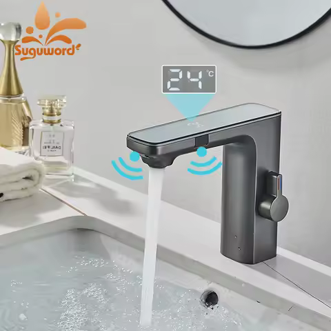 Luxury Silver Gray Smart LCD Daul Sensor Bathroom Basin Faucet Zinc Alloy Deck Mount Cold Hot Water Mixer Bathroom Sink Tub Tap