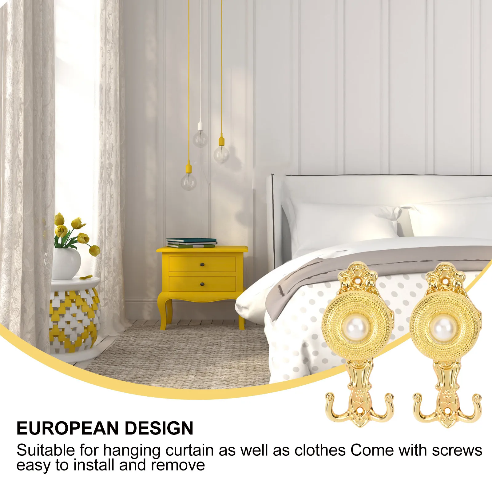1Pair Golden Curtain Hooks Metal Pearl Embellished Holdbacks for Curtains Drapes Tieback Wall Hook Clothes Accessory Decor