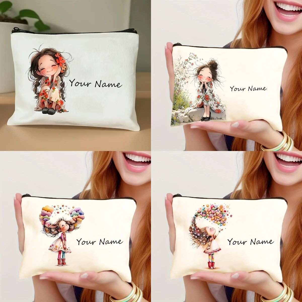 Custom Name Cute Girl Floral Design Makeup Bag Durable Lightweight Foldable Cosmetic Pouch Women Travel Party Shopping Bags