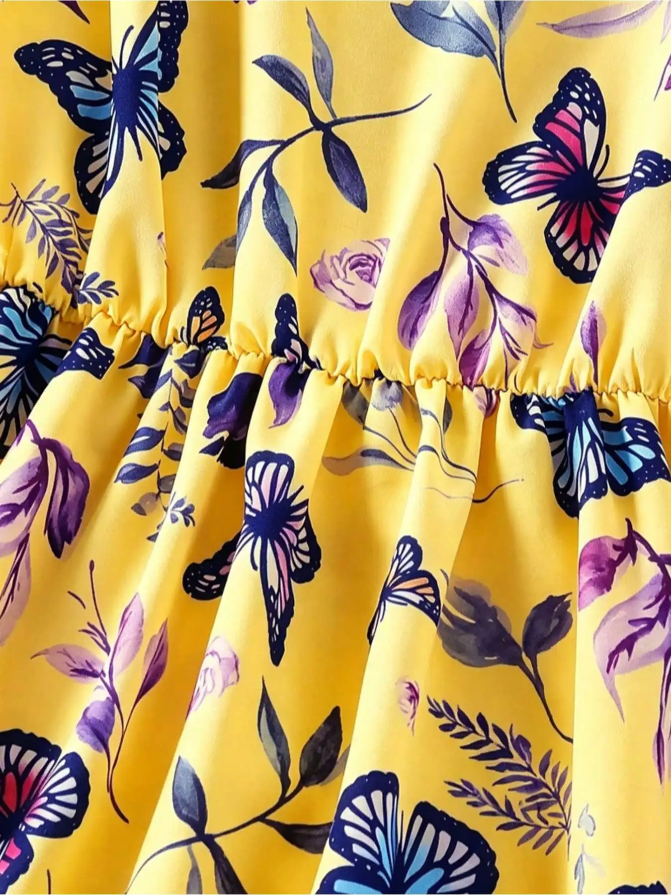 Kinder-Freizeitkleid mit Rundhalsausschnitt, ärmellos, Schmetterlings- und Blättermuster, tailliert, mittellanger Rock, bequeme Kleidung – Detail 7