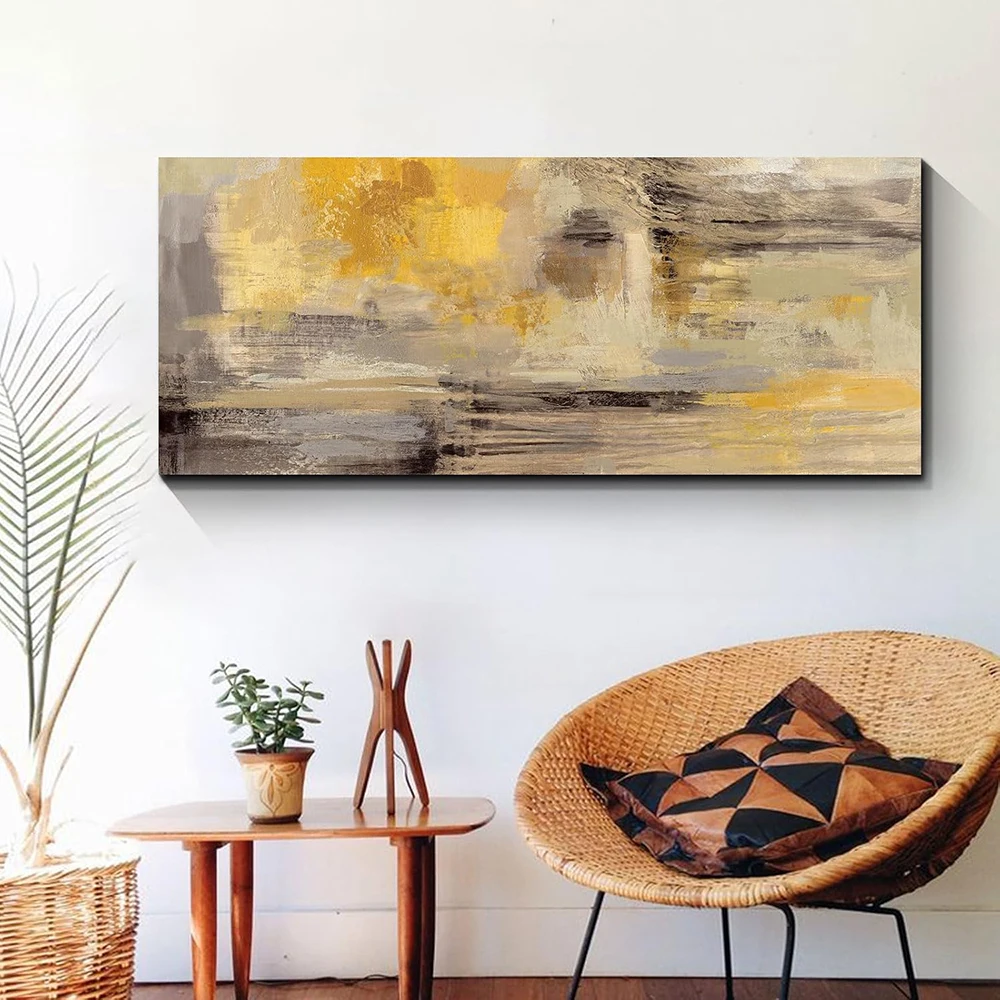 Mustard Yellow Abstract Poster Canvas Wall Art Print Mural Blue and Brown Tones Decorative Painting for Home Room Decor Unframed
