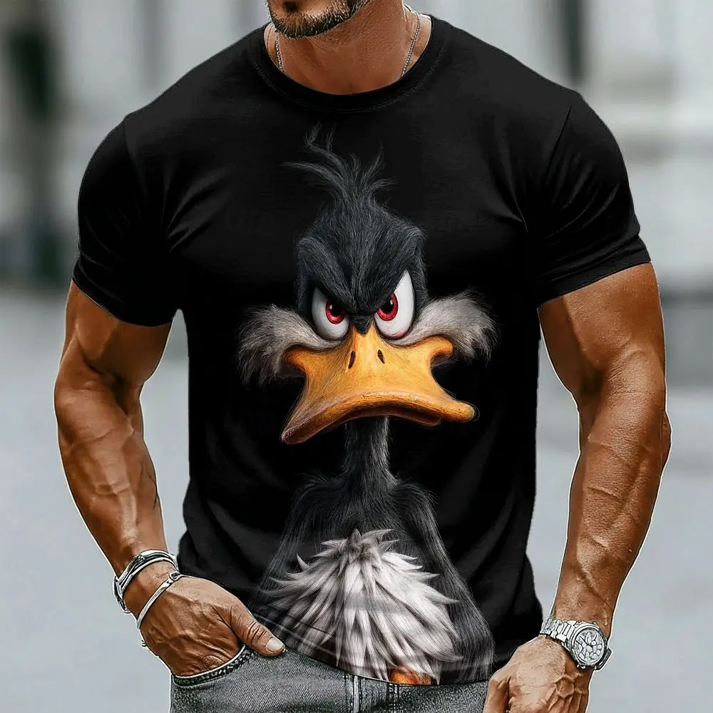 Funny 3D Grumpy Black Duck in Jacket Print Men's T-shirts Fashion Crew Neck t shirts Cool Party Short Sleeve Top Summer Clothing