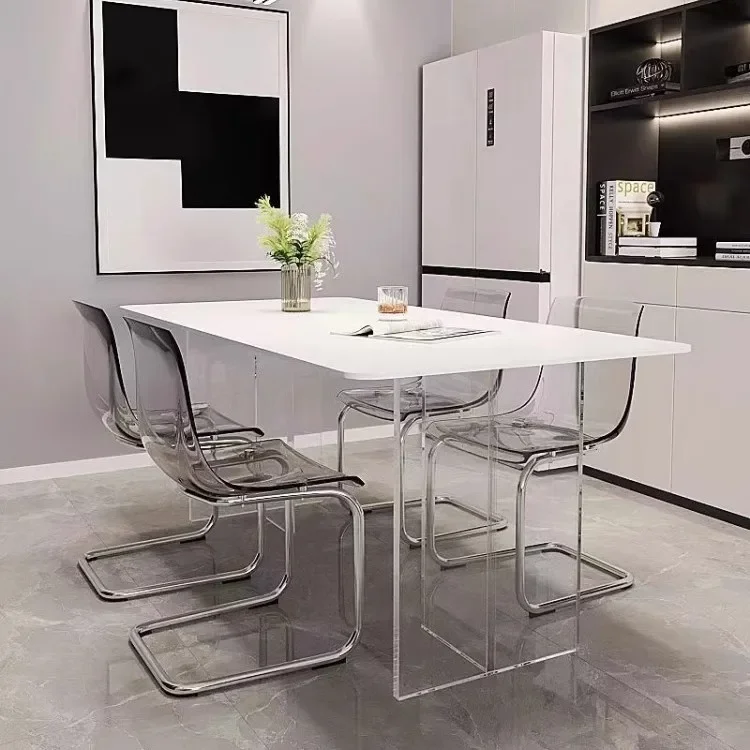 Acrylic rock slab dining table and chairs, combined small apartment with transparent suspension, modern and simple table