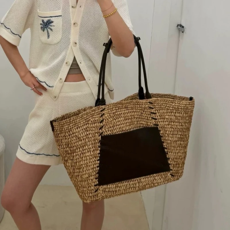 Large Capacity Raffia Straw Woven Tote Bag Summer Beach Shoulder Handbag Casual Vacation Travel Shopping Bag Boho Chic Portable