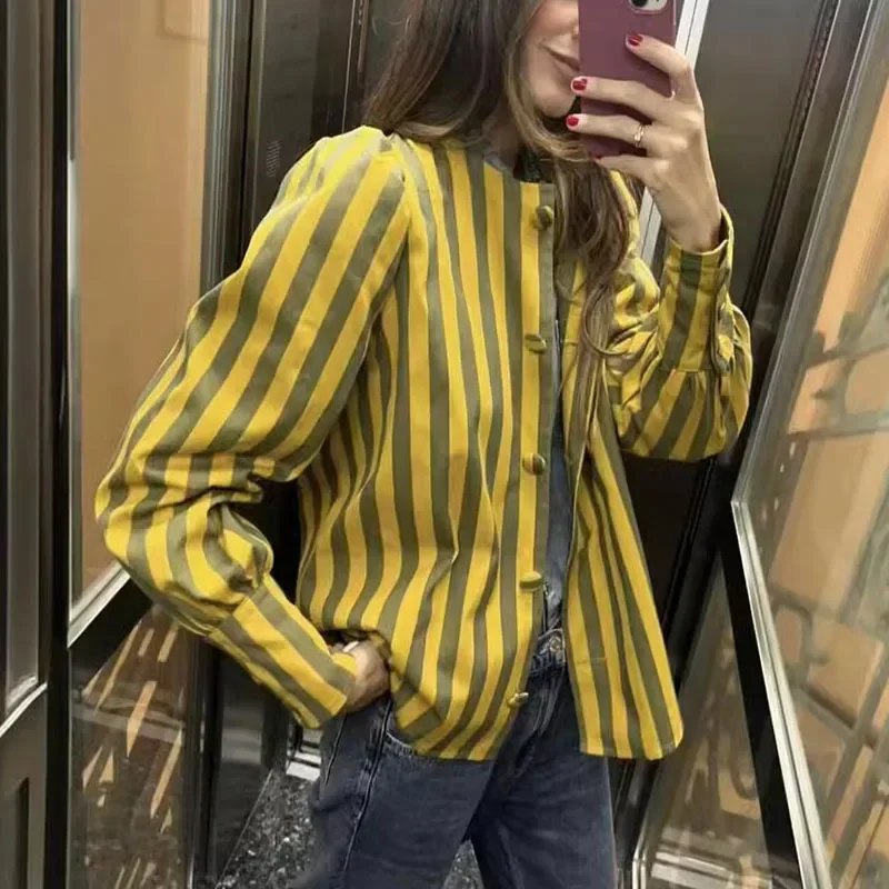 Camisa a rayas de manga larga para mujer, blusa holgada informal y elegante con cuello redondo, Estilo Vintage, primavera y otoño, 2024
