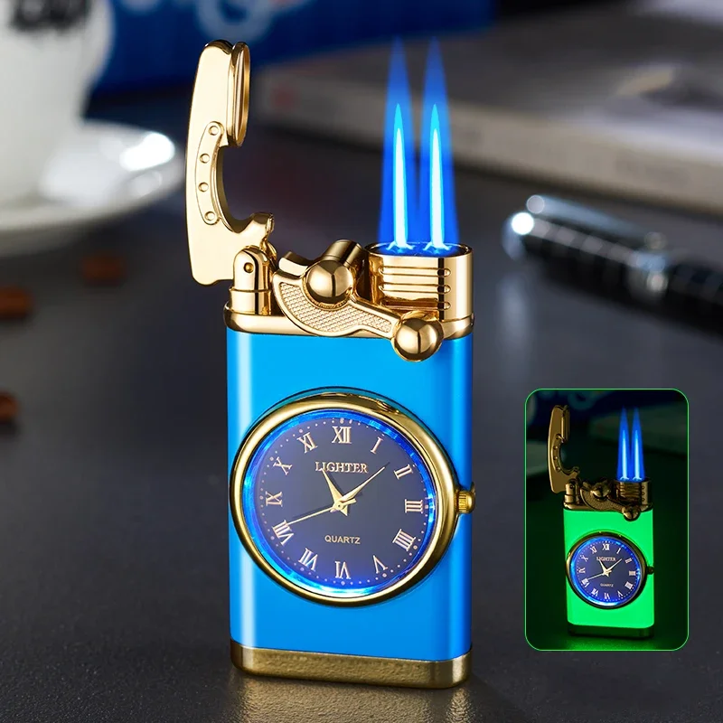 

2025 new luminous rocker watch metal lighter color light bulb cigarette lighter butane double torch windproof men's gift