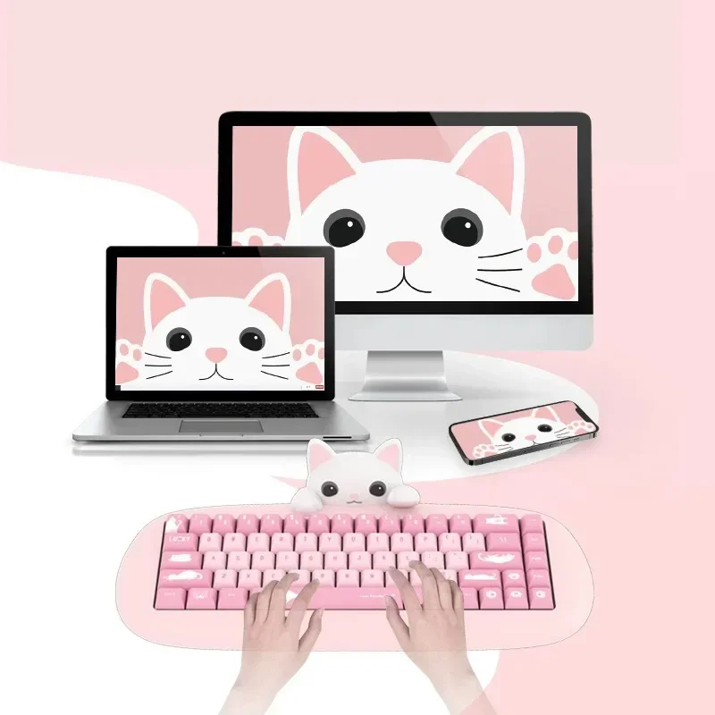 

NEW 68 Key Beauty Cute Cat Girl 3-Mode Keyboard Home Game Silicone Mechanical Keyboard Pbt Hot Plug Computer Peripherals