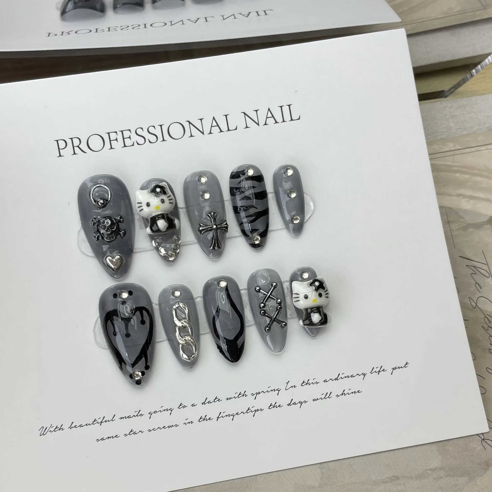 10 pcs Luxury Handmade Press on Nails Almond Shape Black Cat Design False Nails with 4-PIECE Tool Adhesive Nail Glue Tabs