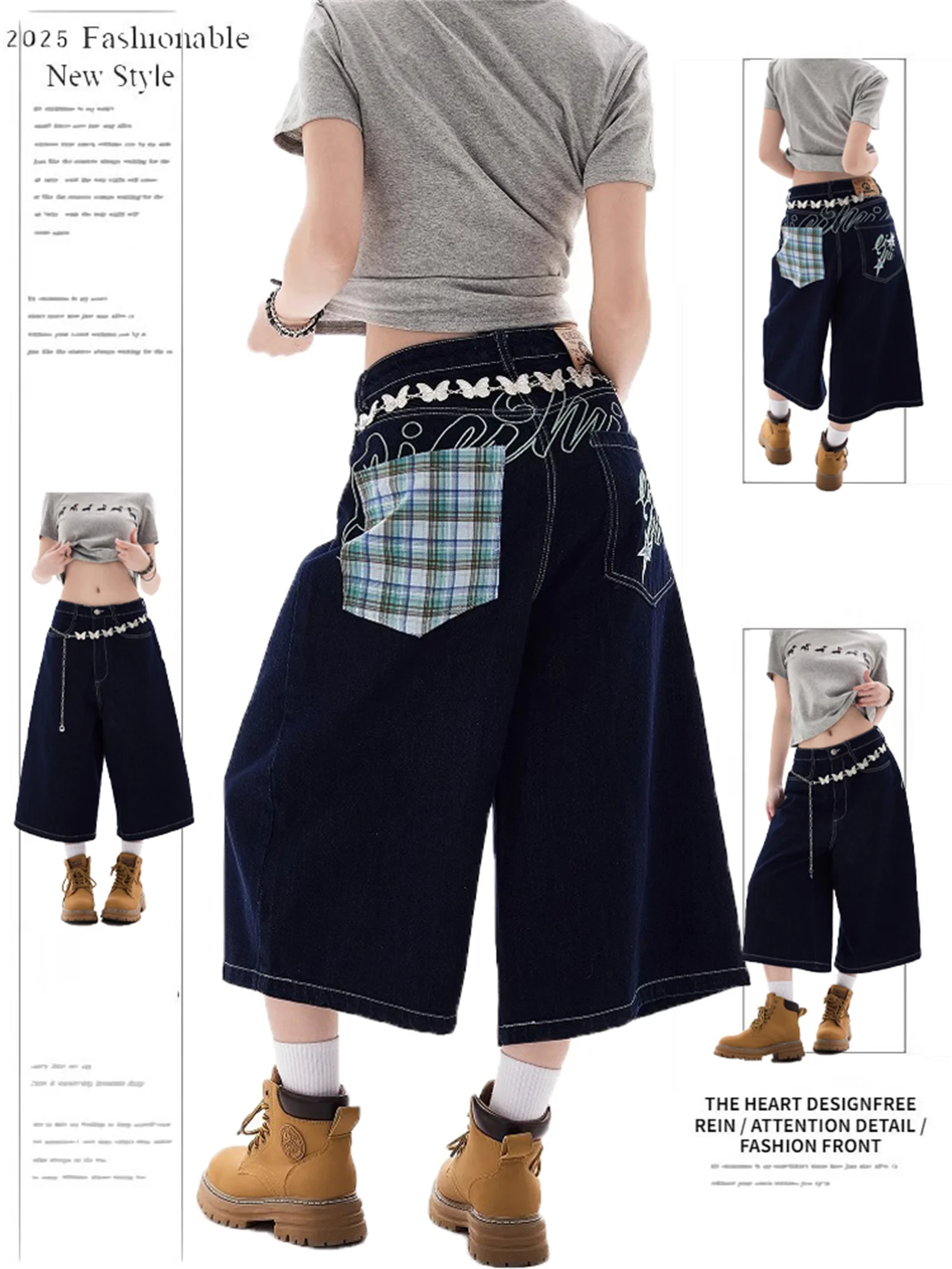 

Y2K Women's New High Waist Culottes Jeans Plaid Pocket Wide Leg Denim Pants Streetwear Casual Trousers