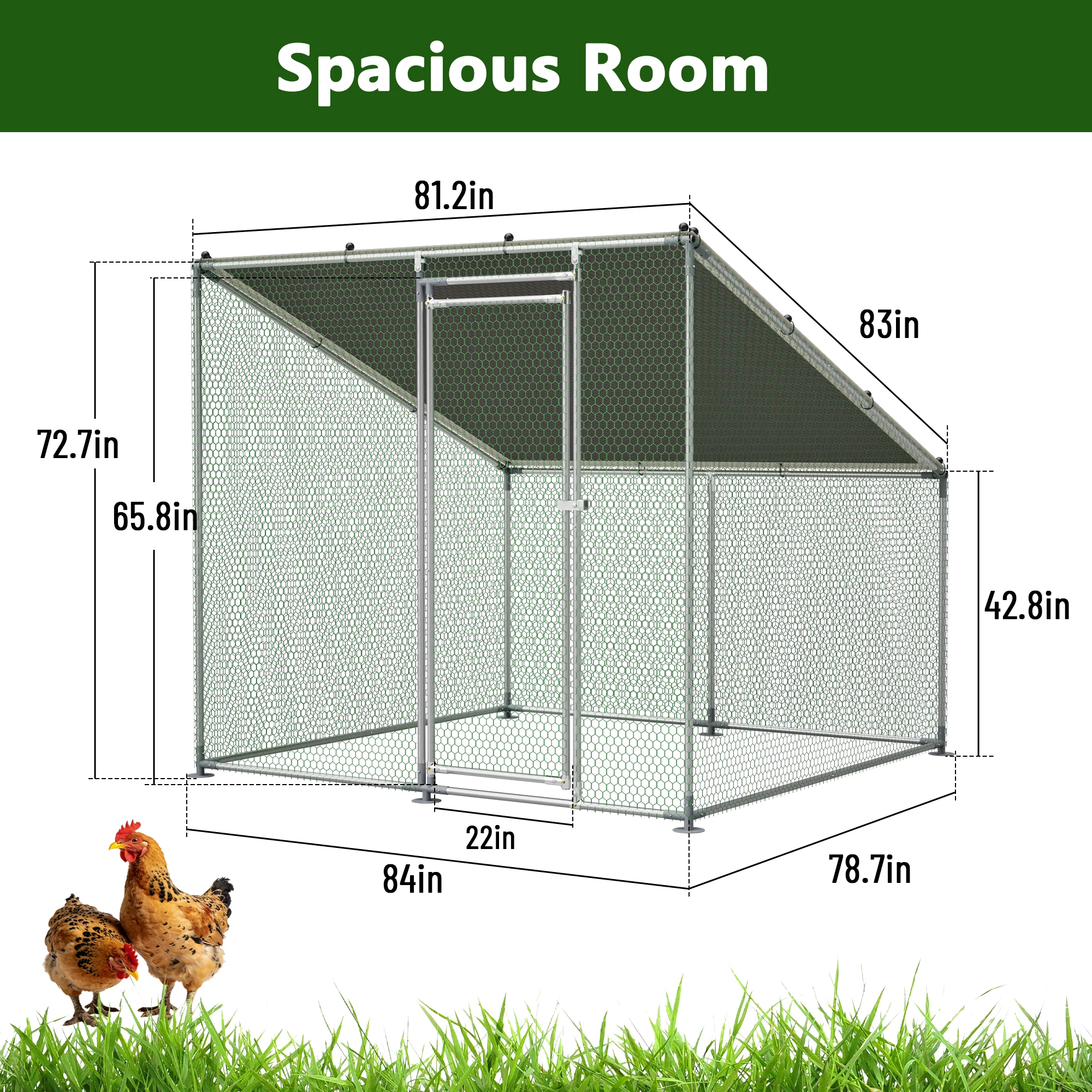 84x78.7x72.7 in Heavy Duty Walk In Metal Chicken Coop Slanted Roof UV Waterproof Cover Spring Button Connectors Outdoor Yard