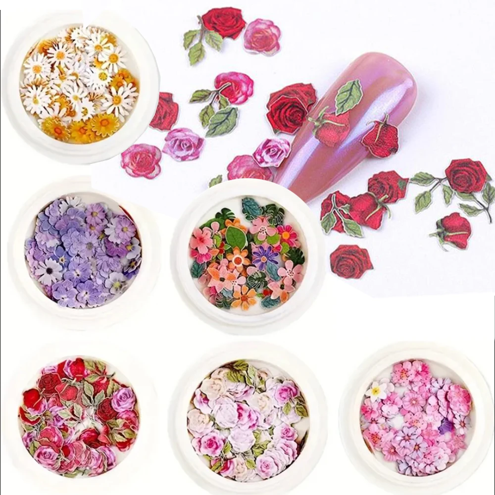 1 Jar 3D Flower Nail Stickers Y2K Holo Simulation Flower Leaf Nails Slider Mixed Glitter Flowers Sequin Decals For DIY Manicure*