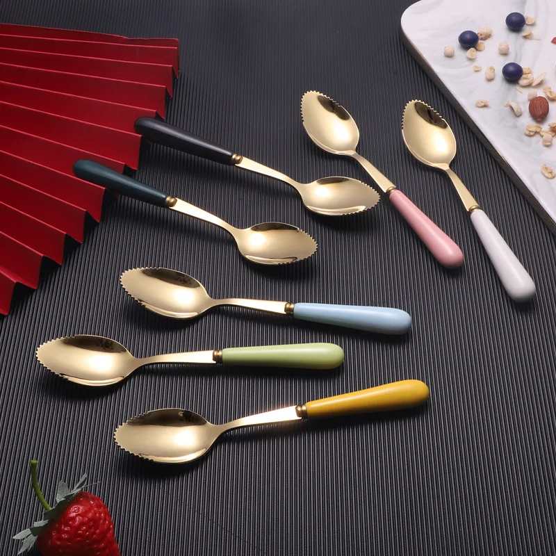 

6 Pieces of Stainless Steel Plated Tableware with Ceramic Handle for Mini Spoon Plastic Children Wooden Spoons