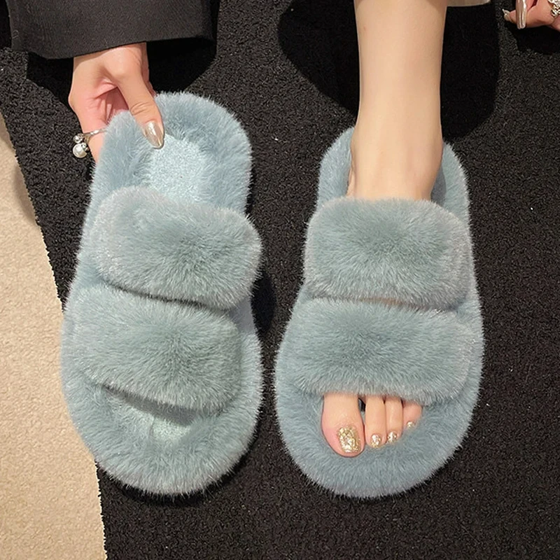 Crestar Women Thicken Plush Fur Slippers Lady Elegant Furry Comfortable Warm Indoor Slippers Thick Bottom Cozy Cotton Slippers