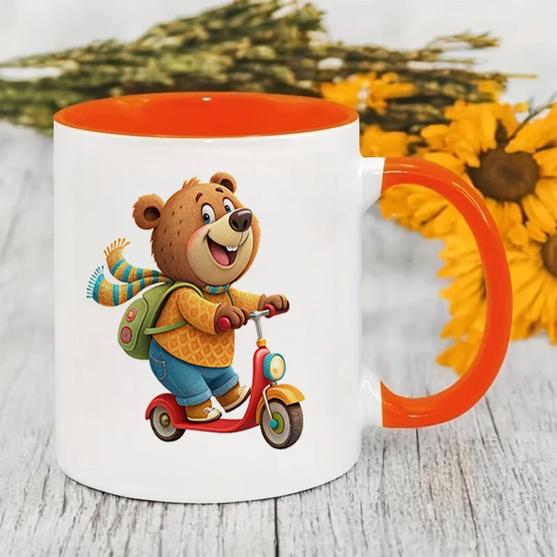 Cartoon Bear Riding Scooter Colorful Print Ceramic Coffee Mug 11oz 350ml Personalized Custom Cute Aesthetic Mug Microwave Safe B