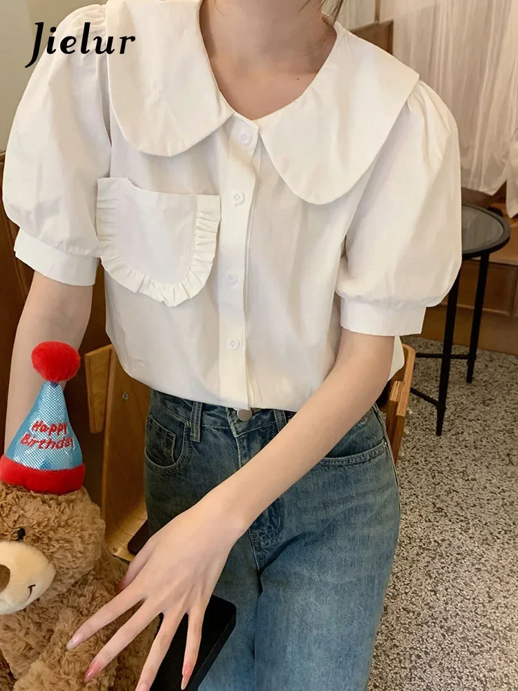 Jielur Summer New Retro Slim Women Shirt Loose Korean Sweet Ladies Shirt Woman White Red Chicly Street Puff Sleeve Top Female