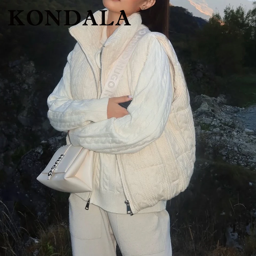 Kondala moda 2025 inverno sólido algodão colete malha zíper streetwear gola alta bolsos sem mangas jaqueta casual chique outwear