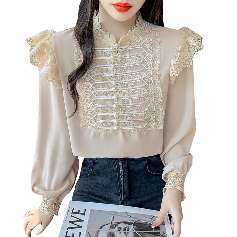 Vintage Palace Style Lace Stitching Blouse Women Autumn Beading Long Sleeve Loose Chiffon Shirt Stand Collar Ruffles Top