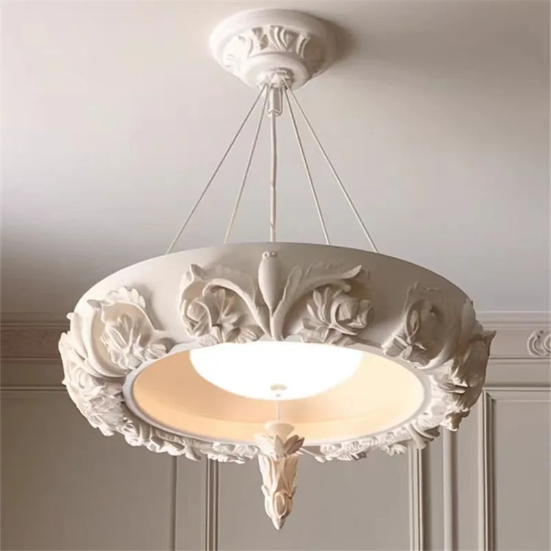 

Artistic Carved Plaster Chandelier Led White Resin Gypsum Round lamp Living room Dining room Bedroom French Court hanging Lamp