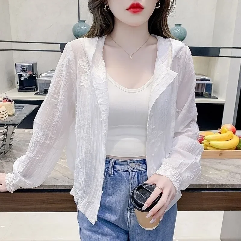 Women's Hooded Sun Protection Blouse Sheer Chiffon Embroidered Loose Fit Casual Elegant Open Front Top In White