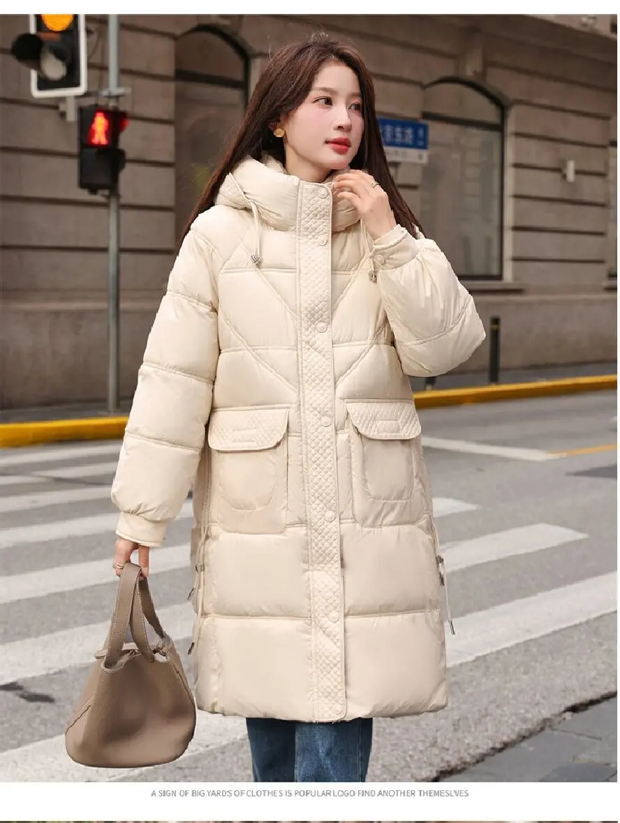 

2025 Winter Women's New Hooded Casual down Cotton Coat, Long Sleeve Hooded Design Mid-Length Jacket, Fashionable, Elegant, and Warm