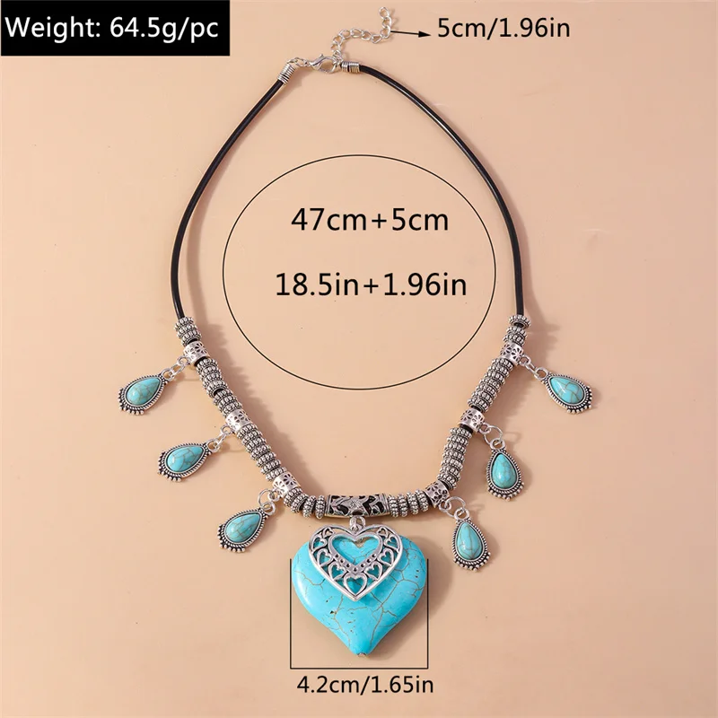 Aihua Böhmen Türkis Stein Herz Halskette für Frauen Halsband Collier Femme Ethnische Tibetischen Silber Halsketten Aussage Schmuck – Detail 7