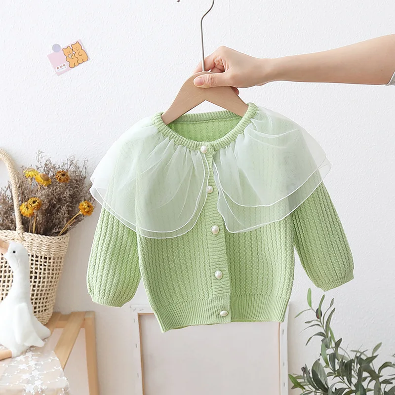 2023 Spring Autumn Girls Sweaters Lace Mesh Girls Sweater 1-6 Years Knit cardigan Children Clothing Sweet Baby Girl Coat GY06281