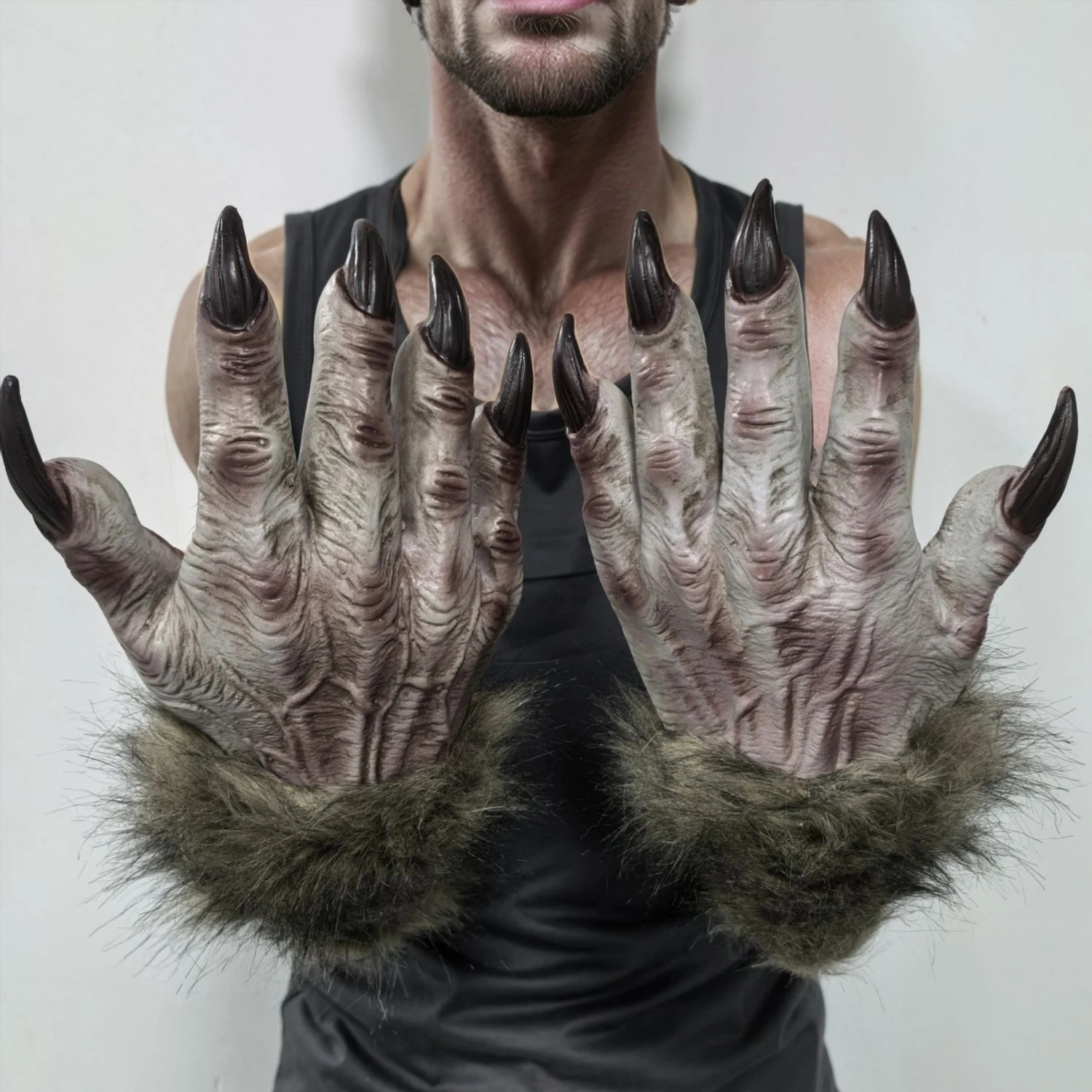 Luzifer-Halloween-Kostüm-Zubehörset für Herren mit monsterhaarigen Handschuhen und gehörnter Kopfbedeckung, gruselige Cosplay-Maske