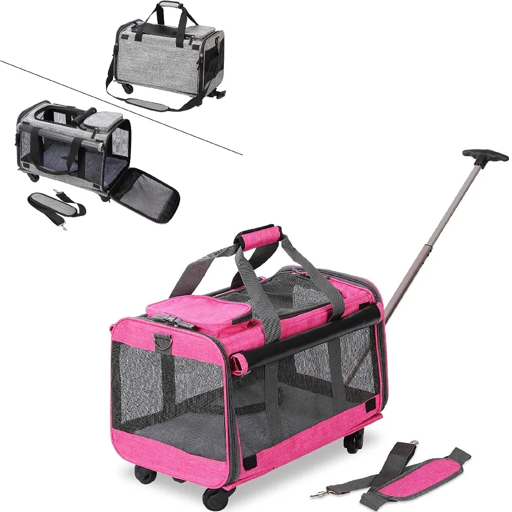 

Airline Approved Tote Luggage Soft Sided Pink Large-capacity Cat Dog Pet Carrier With Detachable Wheels for Dogs Cats
