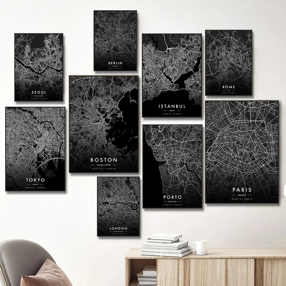 Lisbon Porto Istanbul Rome Paris London City Map Poster Print Dark Nordic Wall Art Canvas Painting Living Room Home Decor