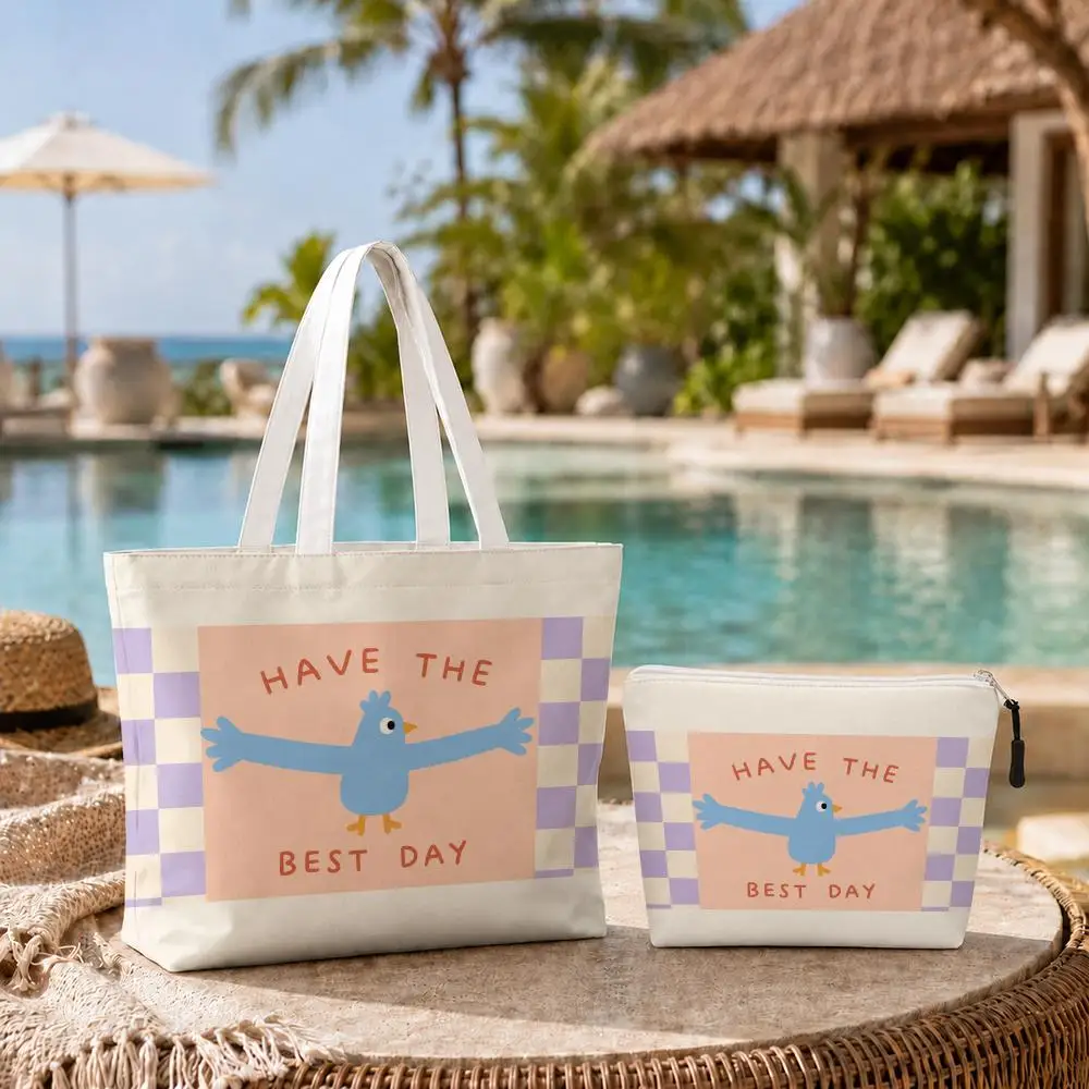 Cute Cartoon Hug Character Storage Bags 2-Pcs Canvas Tote Bag With Zipper Reusable Shopper Bag For Shopping Travel Gift