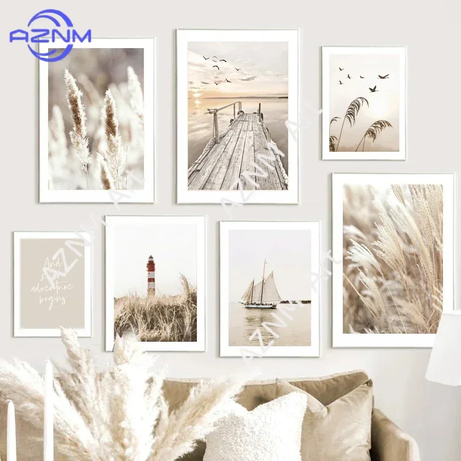 Beige Flower Grass Scenery Wall Art Posters Canvas Painting Bohemia Beach Landscape Pictures Prints Nordic Modern Home Decor